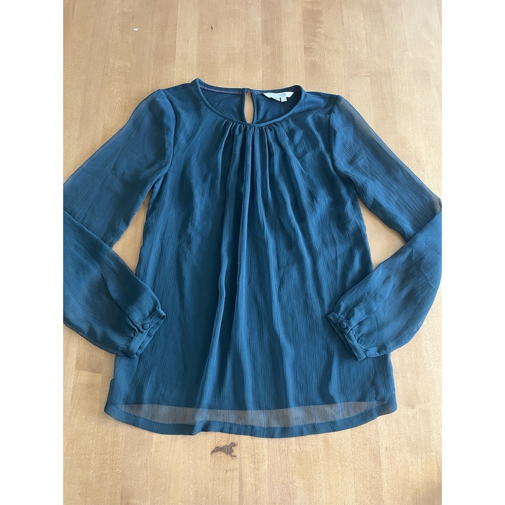 Boden Women's US 2 Teal Sheer Sleeve Blouse Pleated Long Sleeve Keyhole Top